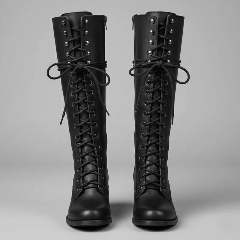 Anja | Damen Kniehohe Stiefel Zum Schnüren Mit Blockabsatz