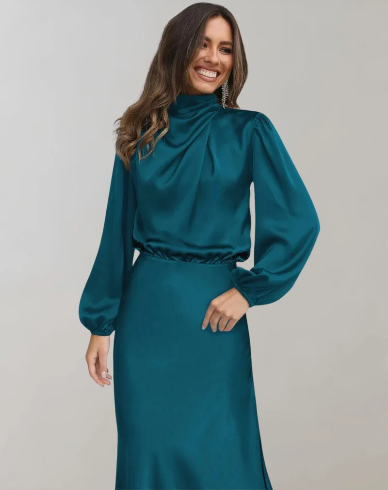 Anna | Damen Elegantes Satin Langarmkleid