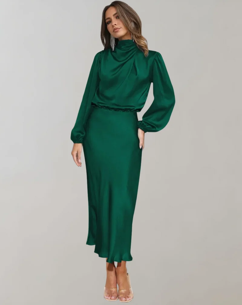 Anna | Damen Elegantes Satin Langarmkleid