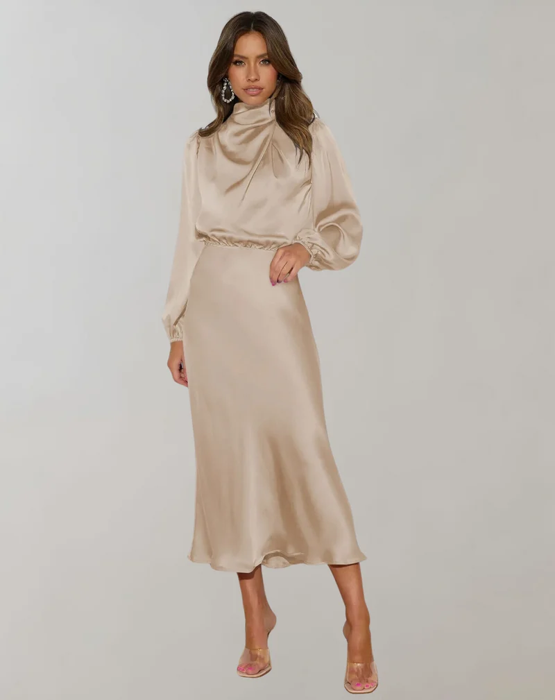 Anna | Damen Elegantes Satin Langarmkleid