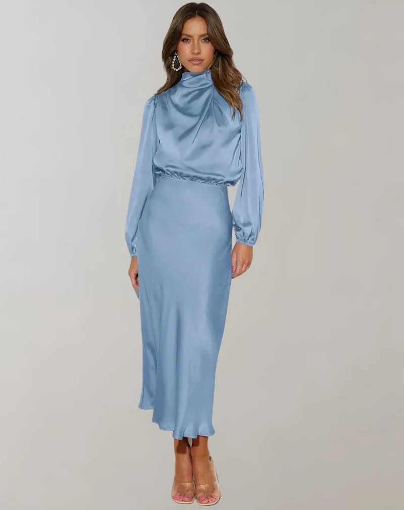 Anna | Damen Elegantes Satin Langarmkleid