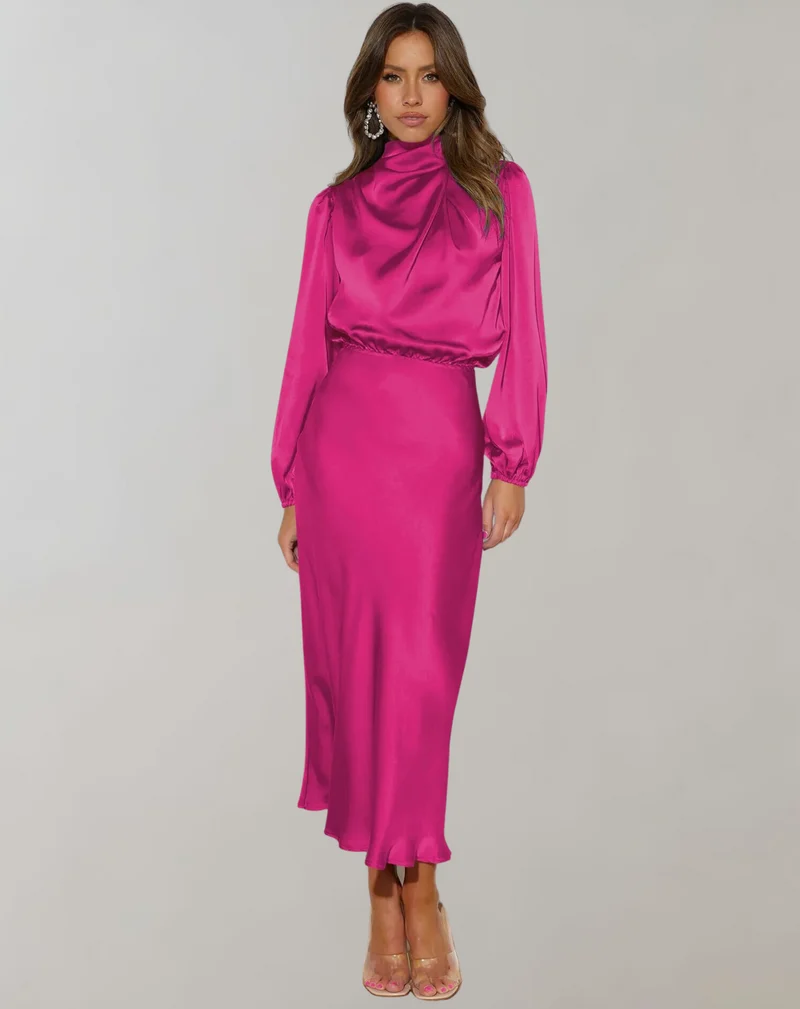 Anna | Damen Elegantes Satin Langarmkleid