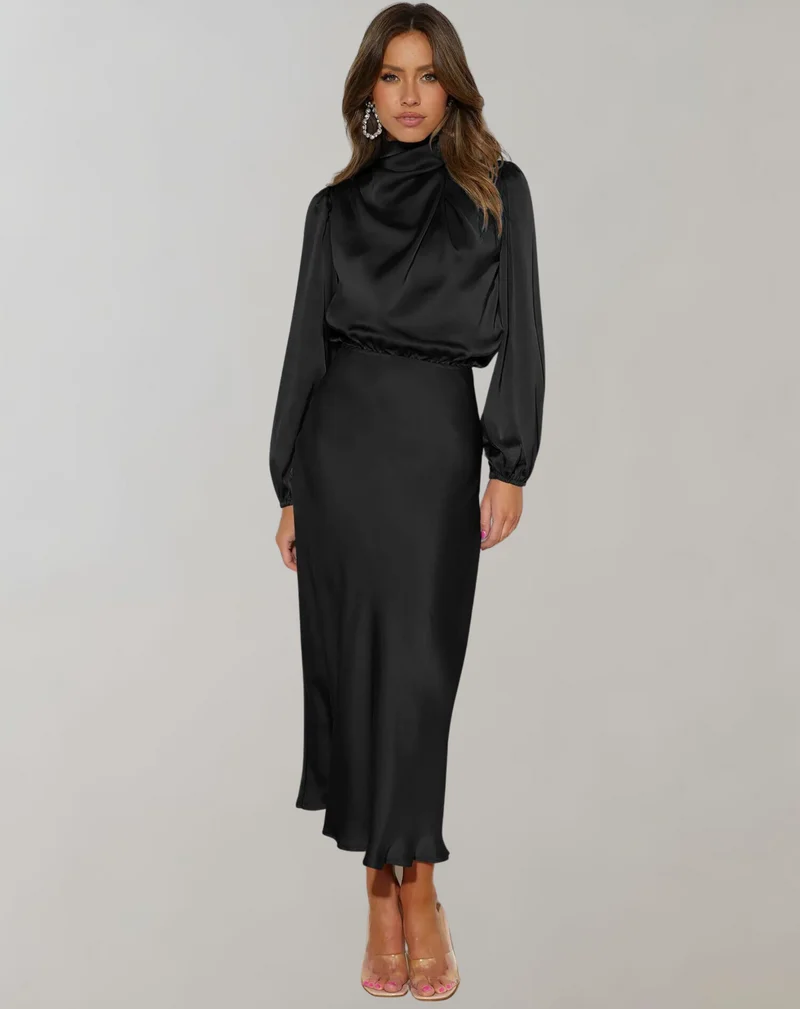 Anna | Damen Elegantes Satin Langarmkleid