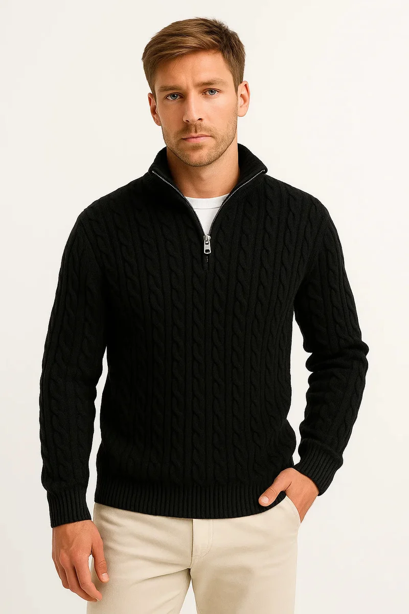 Konrad | Herren Frühlings Strickpullover mit Zopfmuster und Reißverschluss am Kragen